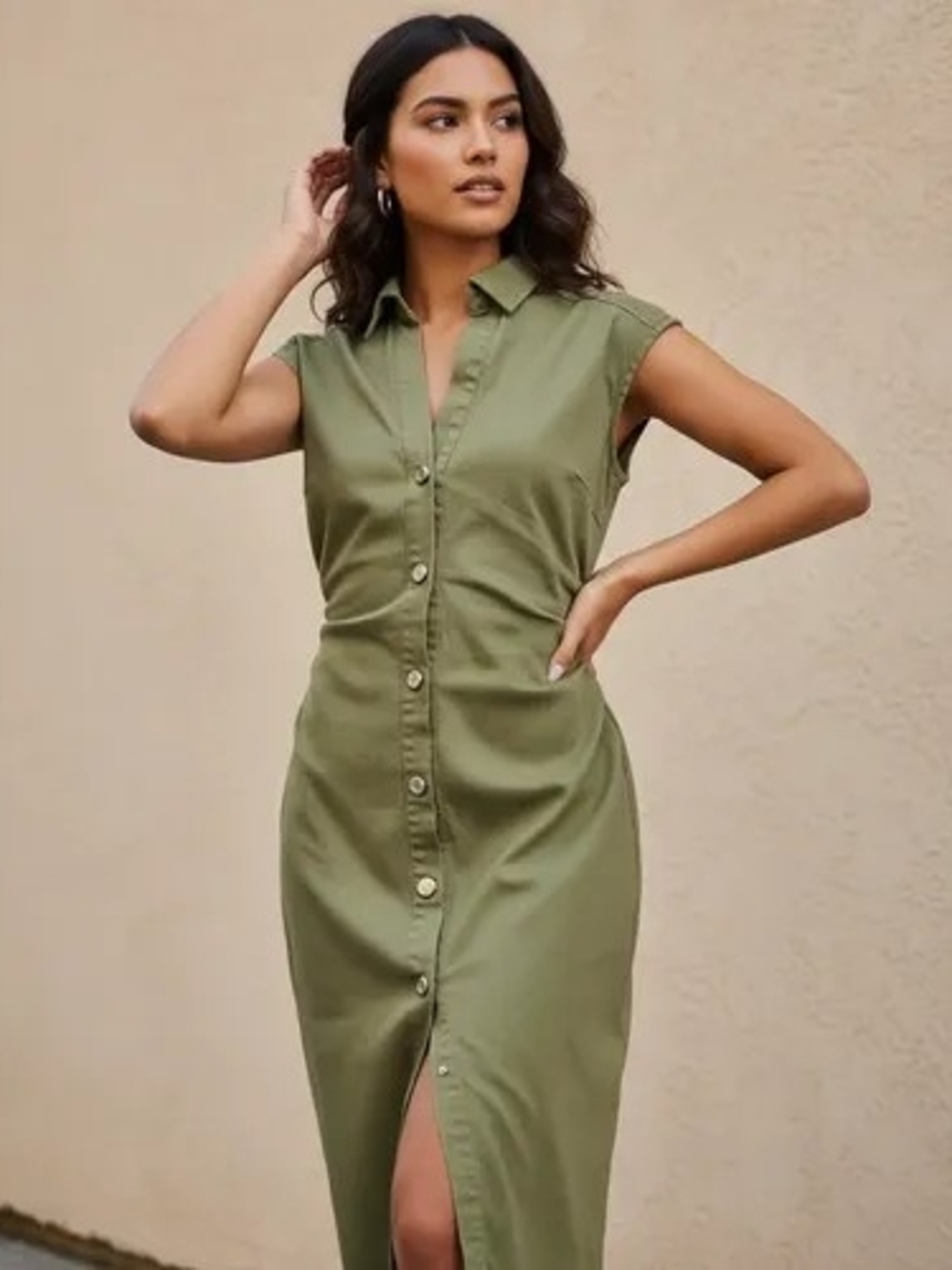 Haute Monde Olive Button-Front Midi Shirt Dress
